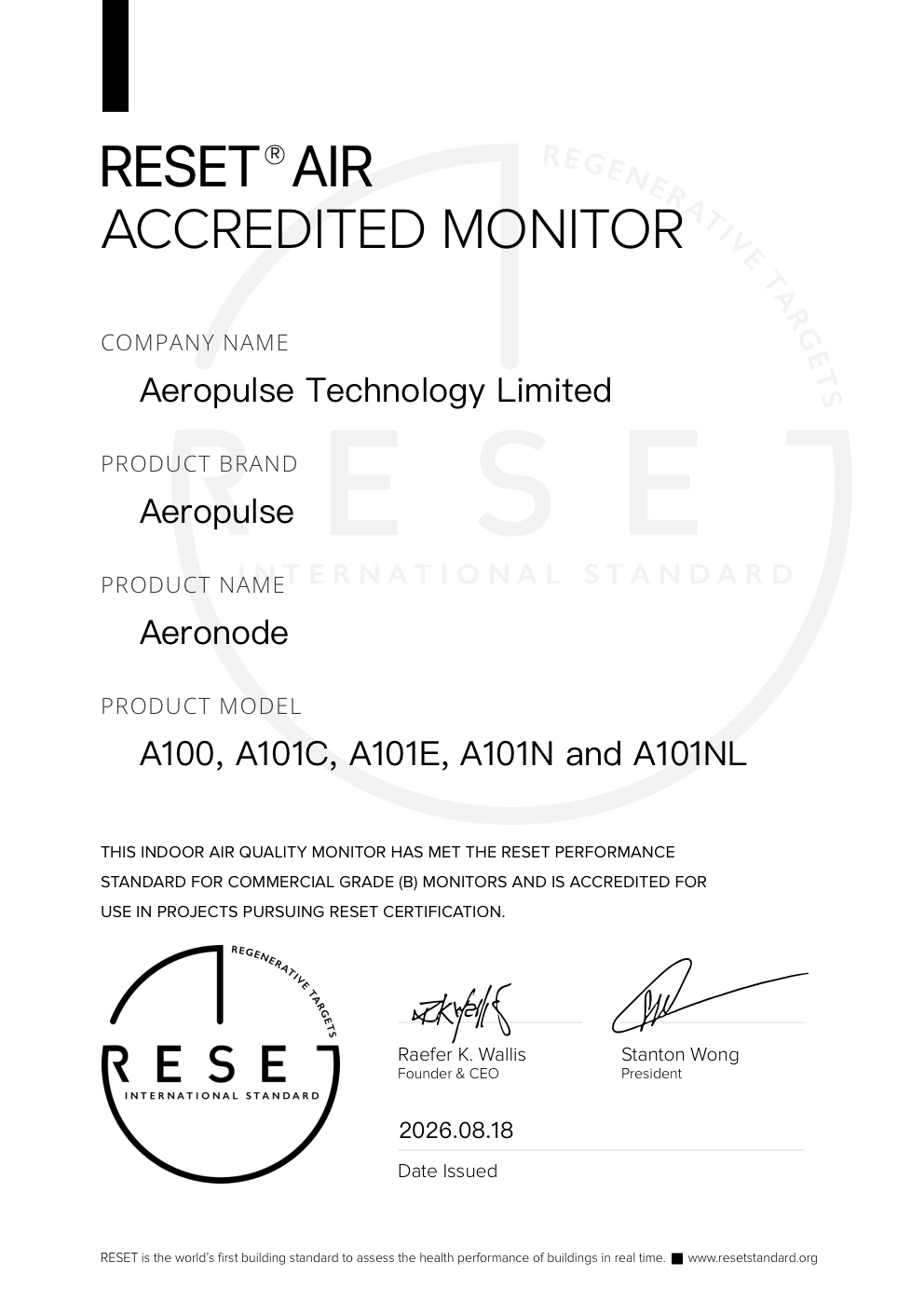RESET_certificate_Aeropulse_Aeronode A100, A101, and A101NL